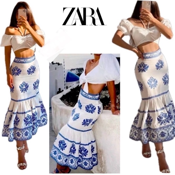 Zara white blue embroidered linen Spanish trumpet midi skirt XS